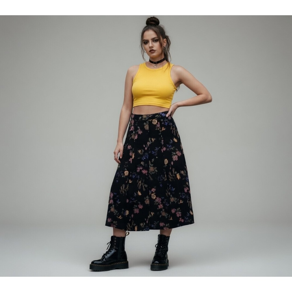 Vtg 90s Grunge Skirt Women L 12 14 Floral Midi Made in USA Black Yellow Blue